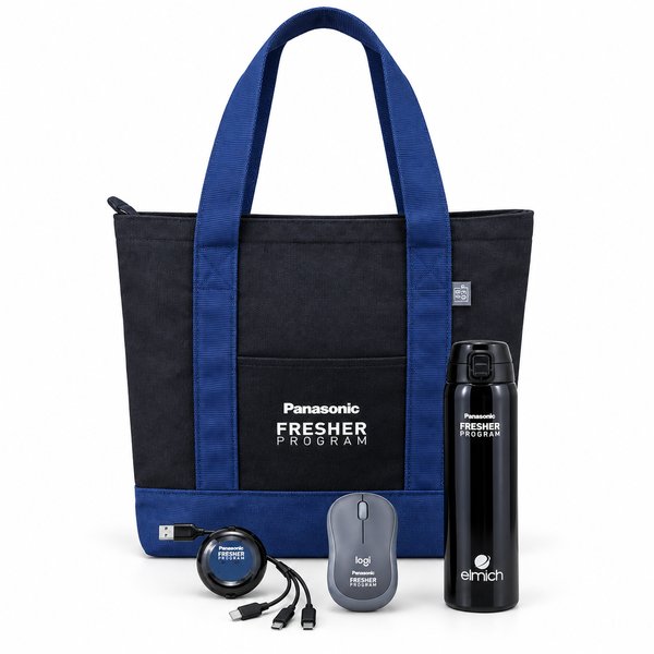 A new-hire welcome gift set (Panasonic Fresher Program) — a multi-item kit for a Japanese FDI enterprise, including a tote bag, wireless mouse, power bank and insulated bottle in matching brand colors.