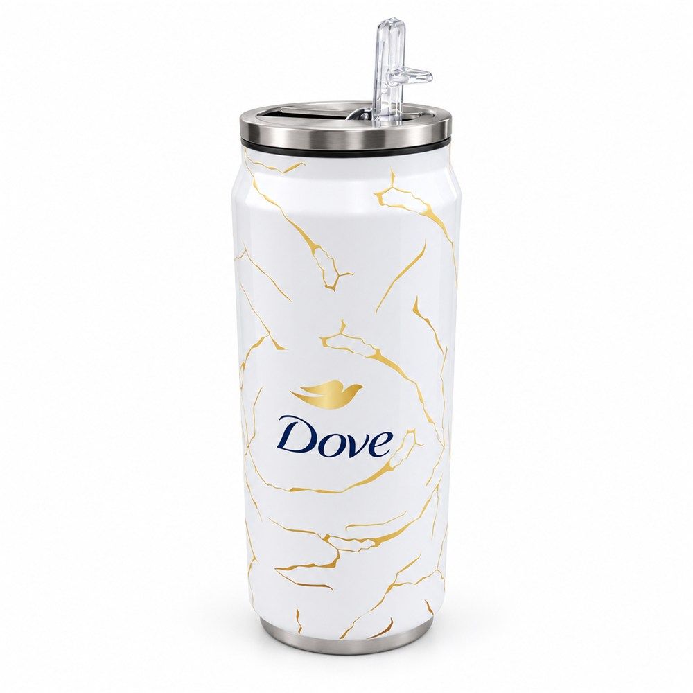 A branded can-style insulated tumbler — an example of a gift with purchase for personal care (Dove).