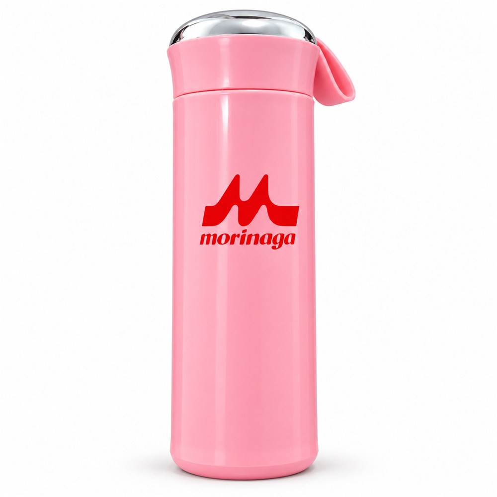 A branded insulated bottle — an example of a promotional gift for confectionery and nutrition brands (Morinaga).