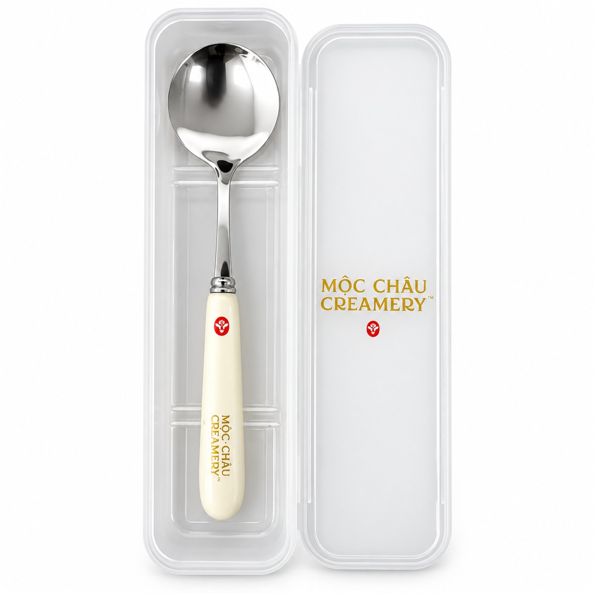 Thìa cán sứ in logo Mộc Châu Creamery trong hộp nhựa