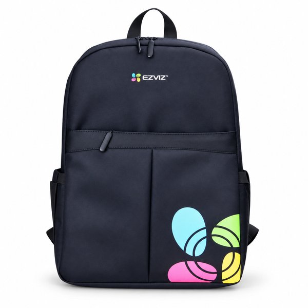 A logo-printed laptop backpack (EZVIZ) — a finished product delivered through the corporate gifting design and production process.