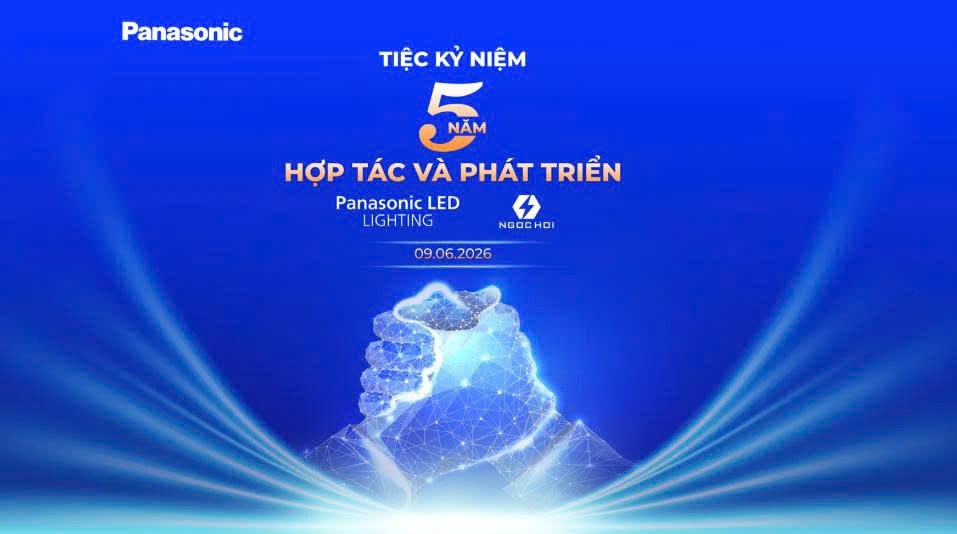 The key visual for the dinner celebrating 5 years of cooperation between Panasonic LED Lighting and Ngoc Hoi (text in Vietnamese).