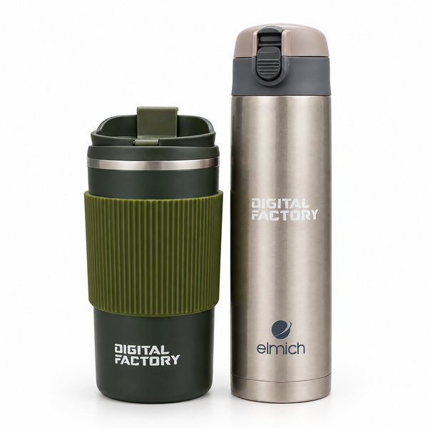 An insulated tumbler and bottle set similar to the "umbrella + tumbler" idea — a highly practical option suited to both office and factory-floor staff.