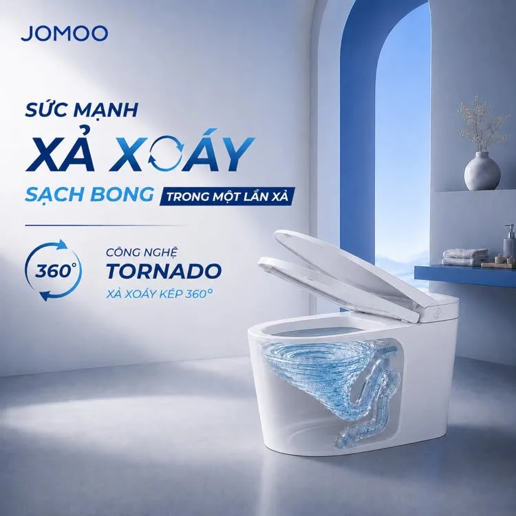 Product post: Tornado flush technology expressed as a benefit (visual in Vietnamese).