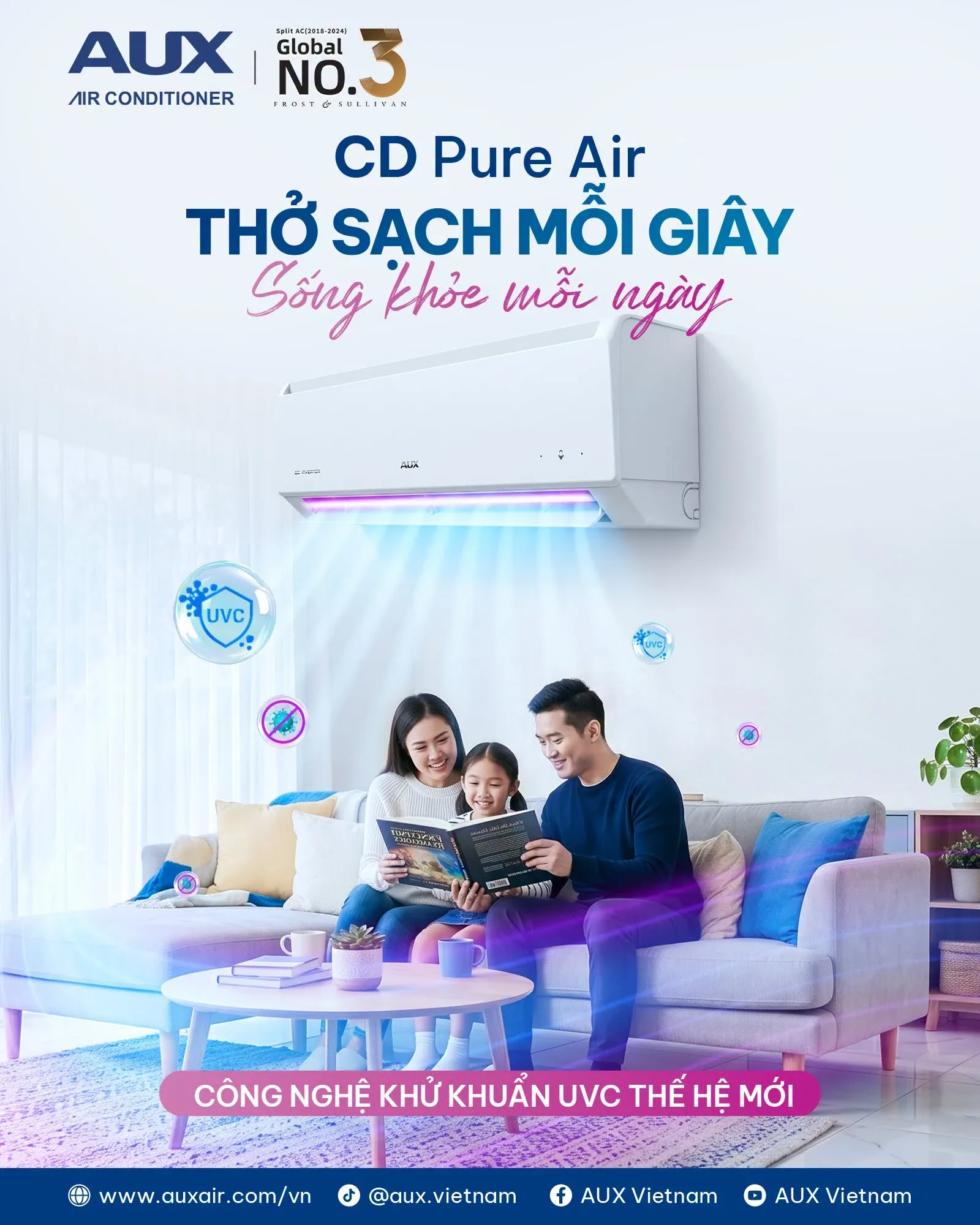 Hình ảnh truyền thông USP: công nghệ khử khuẩn UVC của dòng AUX CD Pure Air.