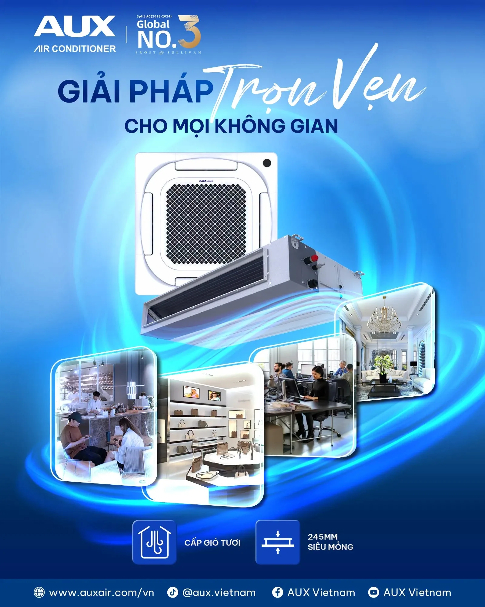 Hình ảnh truyền thông dòng điều hoà thương mại AUX: giải pháp cho mọi không gian.
