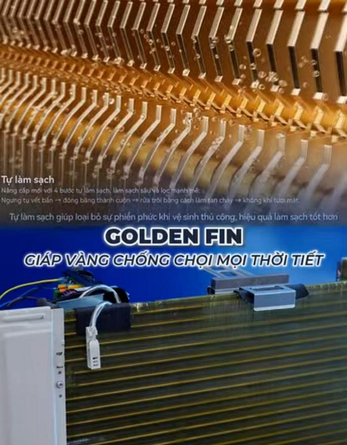 A frame from an AUX short video: close-up of the Golden Fin condenser (Vietnamese on-screen text).