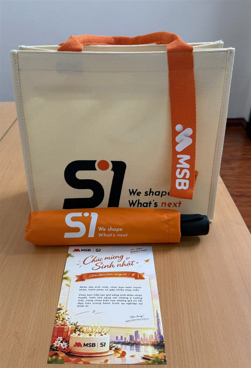 MSB SI Division employee birthday gift set with tote bag, folding umbrella and birthday card