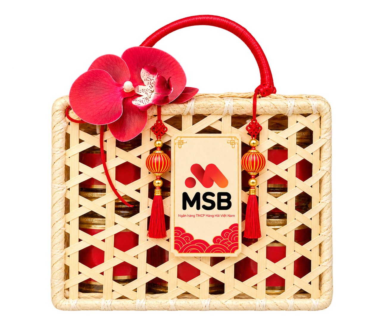Giỏ quà Tết đan gắn thẻ tên MSB, trang trí hoa lan và đèn lồng đỏ