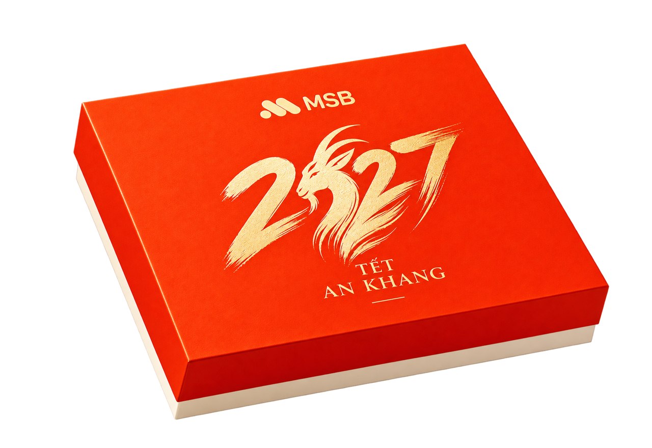 Orange Tet 2027 gift box with the MSB logo designed in the bank's identity