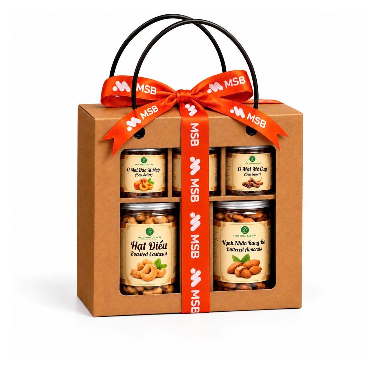 Tet gift box with four jars of cashews, almonds and dried fruit tied with MSB-branded ribbon