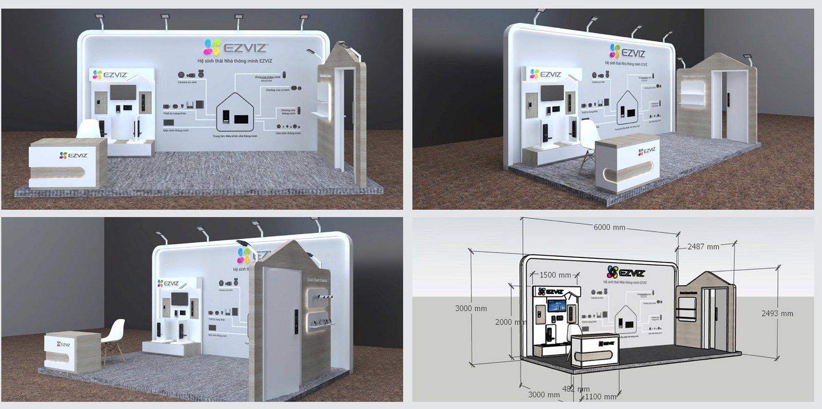 3D design of the 18 m2 EZVIZ booth with white walls, wooden doors and demo counter