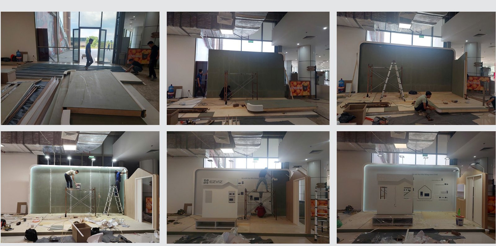 Installing the EZVIZ booth frame and walls in the exhibition hall