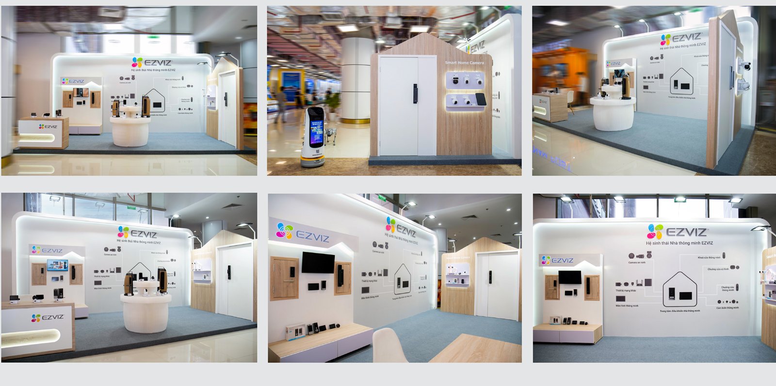 Completed EZVIZ booth at VIIE with wooden doors fitted with smart locks and a camera display counter