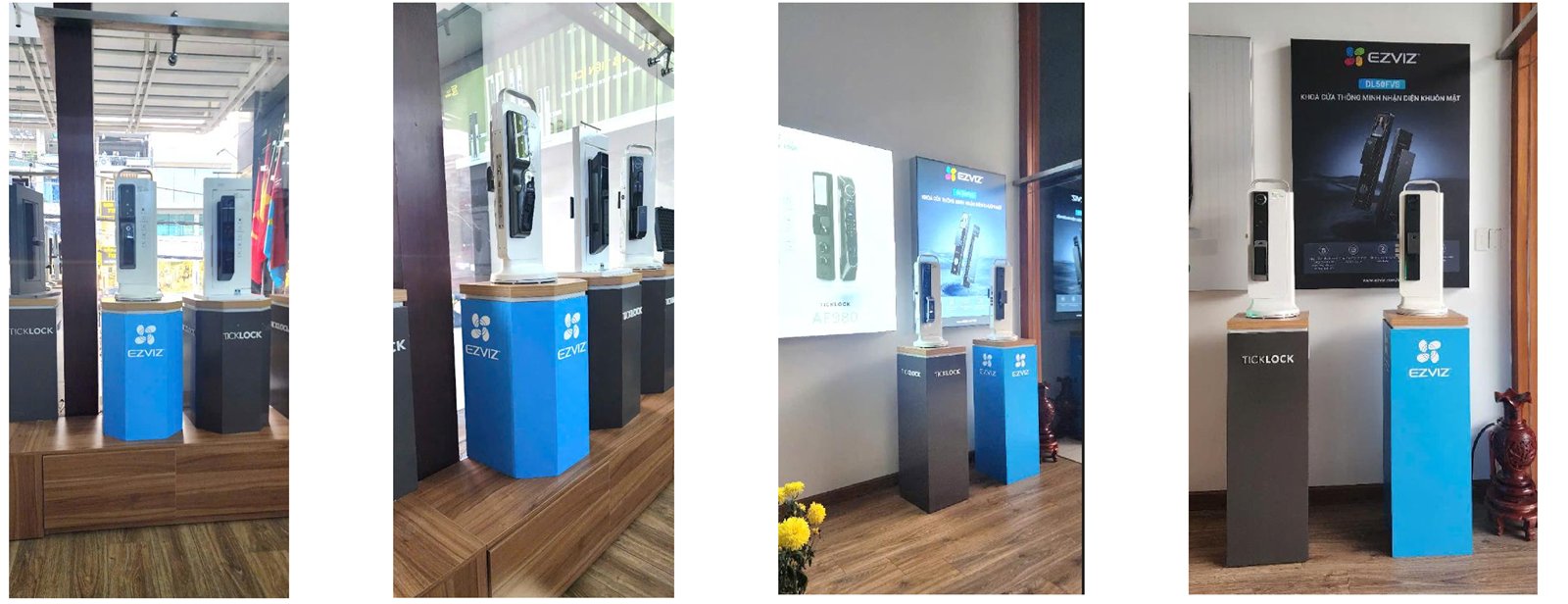 Completed 4-sided display pillars wrapped in EZVIZ branding at the dealer