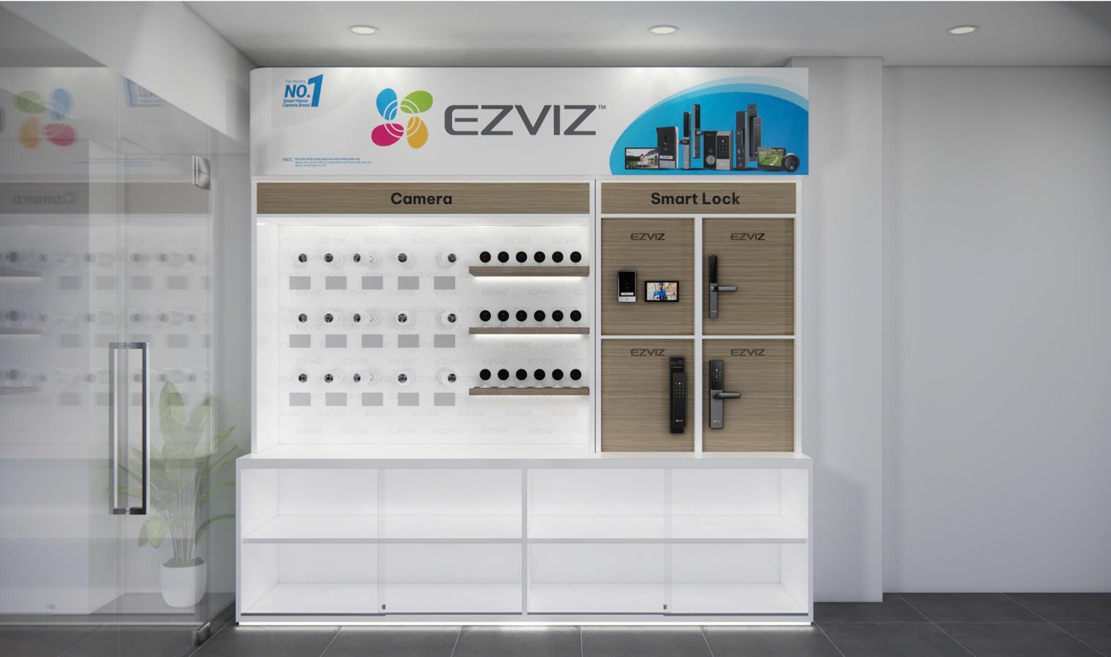 3D visualization of the EZVIZ display cabinet with Camera and Smart Lock zones