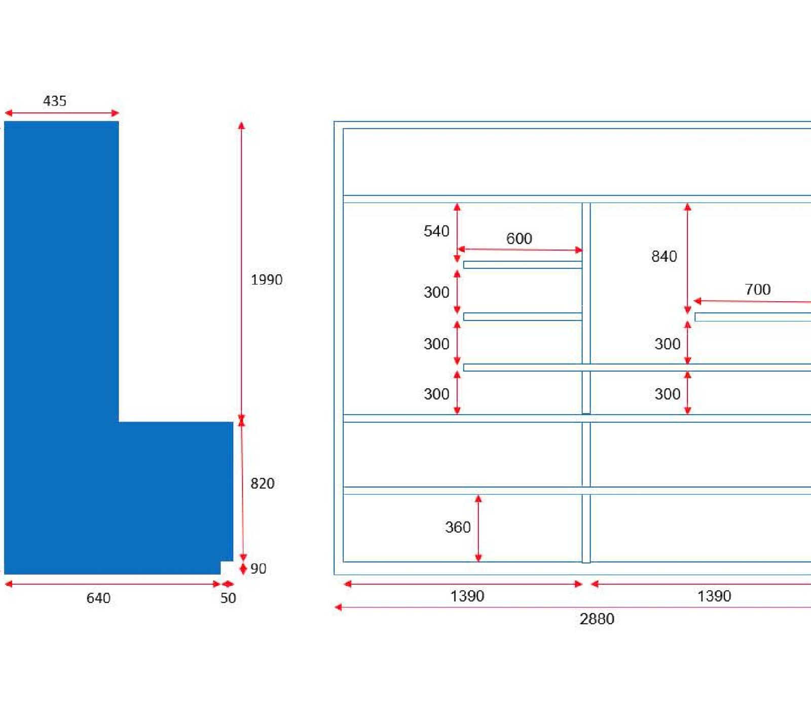 Technical drawing of the display cabinet, 2880 mm wide and 2900 mm high