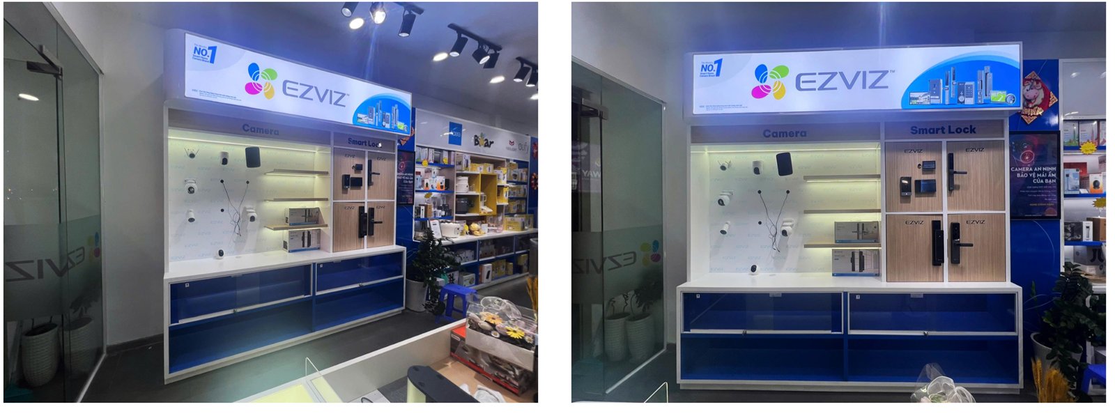 Completed EZVIZ display cabinet at a dealer store with spotlights and smart lock zone
