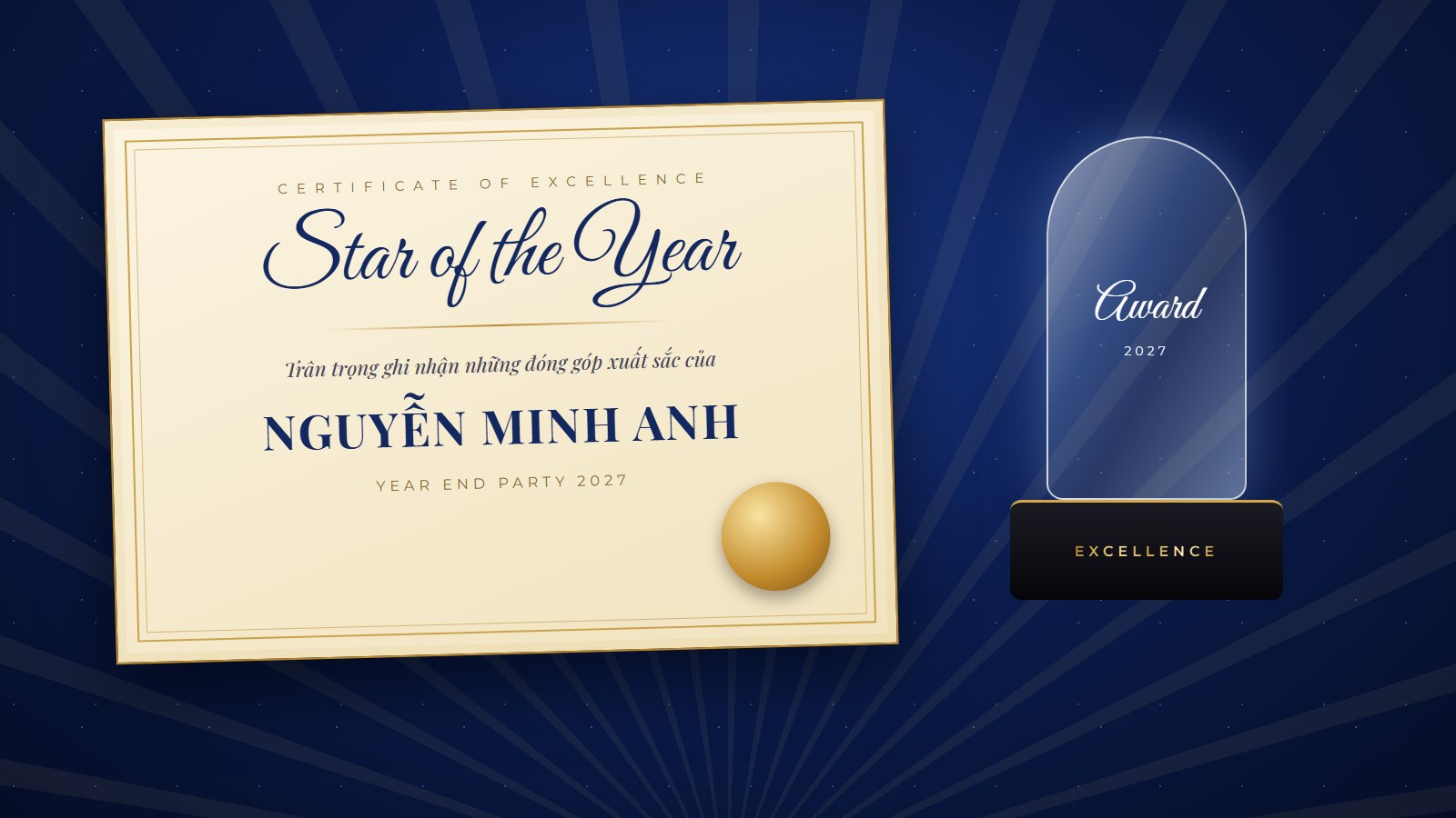 Giấy chứng nhận Star of the Year in tên nhân viên và cúp pha lê vinh danh tại Year End Party