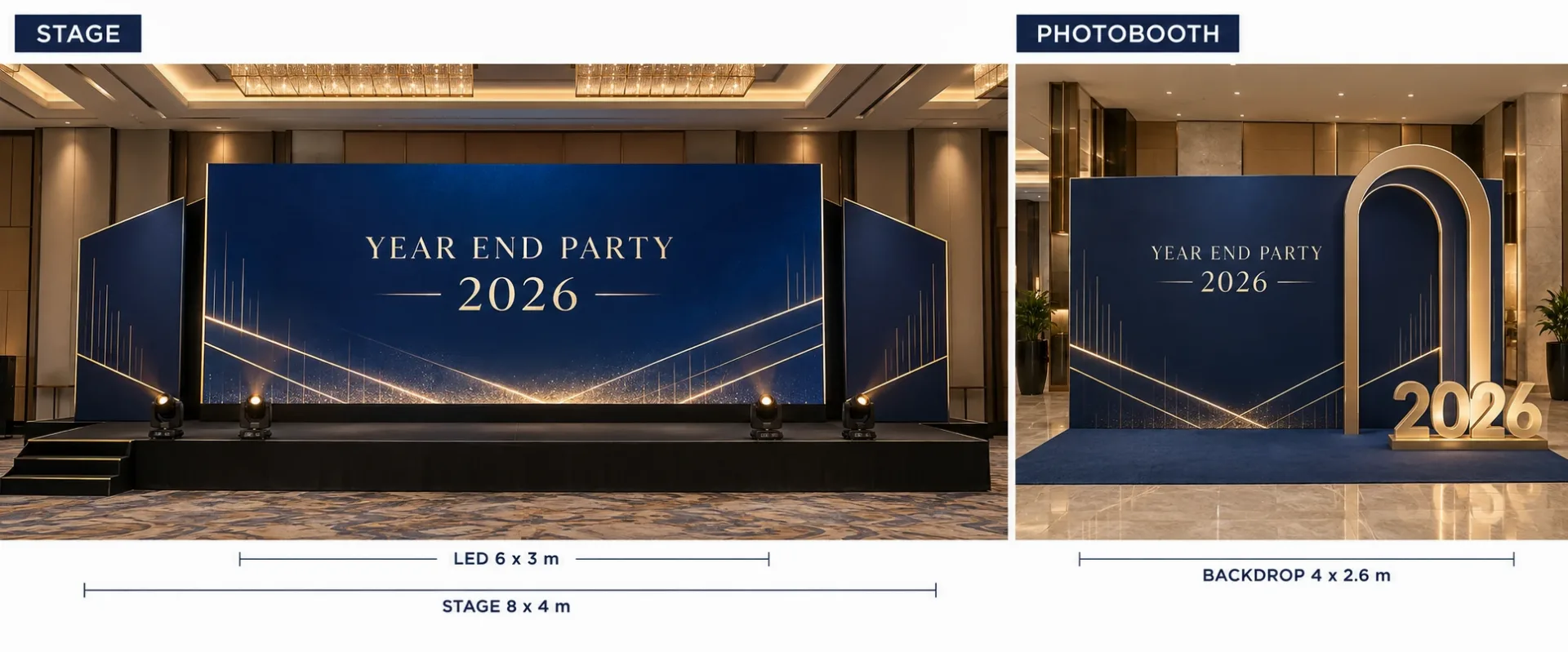 Stage visualization with a 6 x 3 m LED screen on an 8 x 4 m stage and a 4 x 2.6 m photobooth backdrop in navy and gold