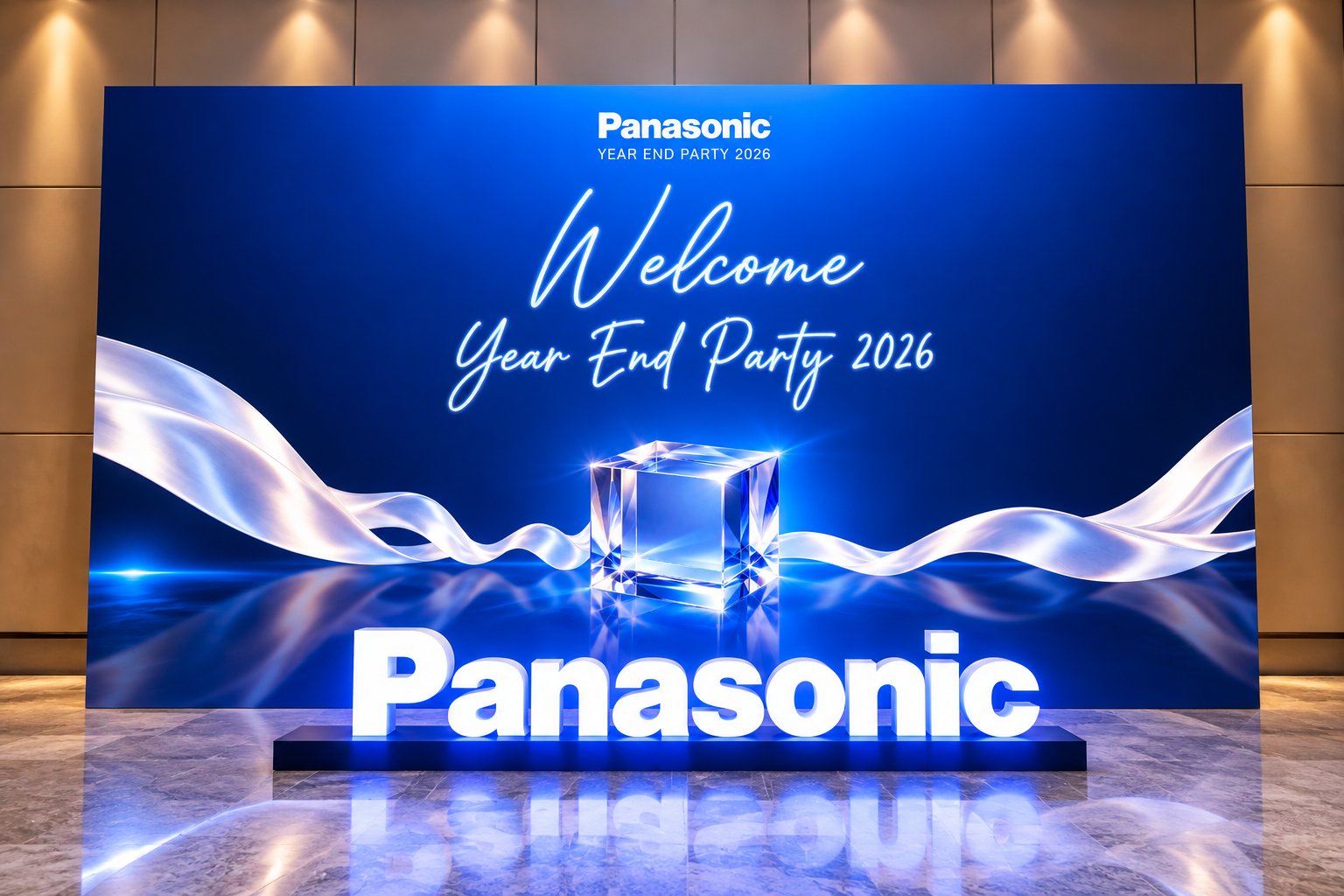 Welcome Year End Party backdrop with the Panasonic logo and a glowing crystal cube