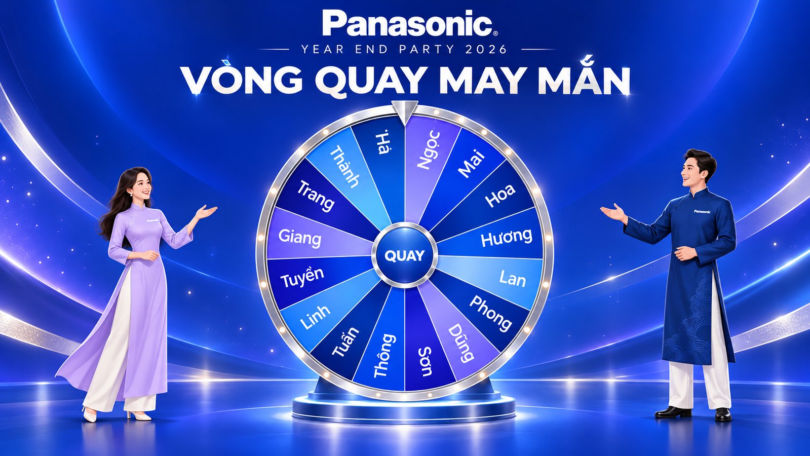 Lucky draw wheel of employee names with ao dai characters from the Panasonic Year End Party proposal