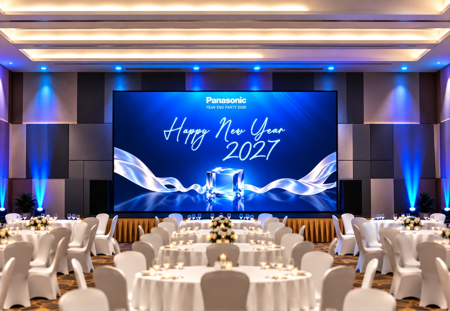 Ballroom visualization with round tables, a Happy New Year 2027 LED screen and coordinated blue lighting