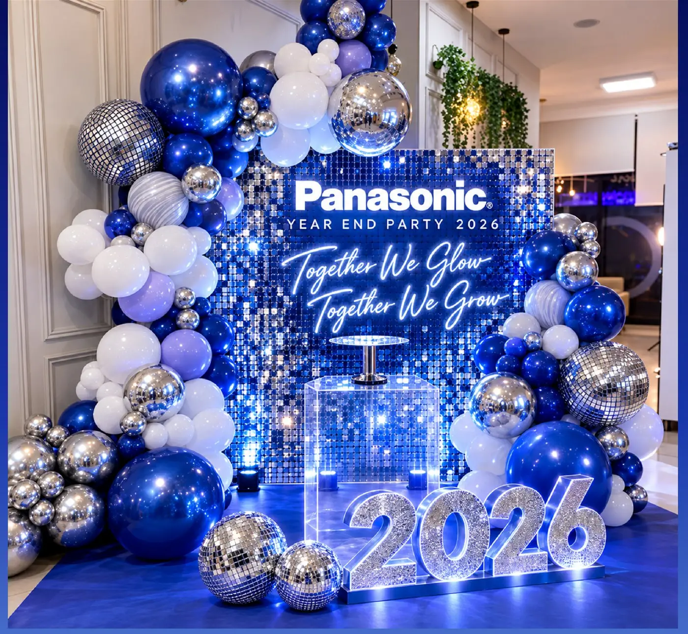 Small check-in corner with a sequin wall, blue and white balloons and illuminated year numbers