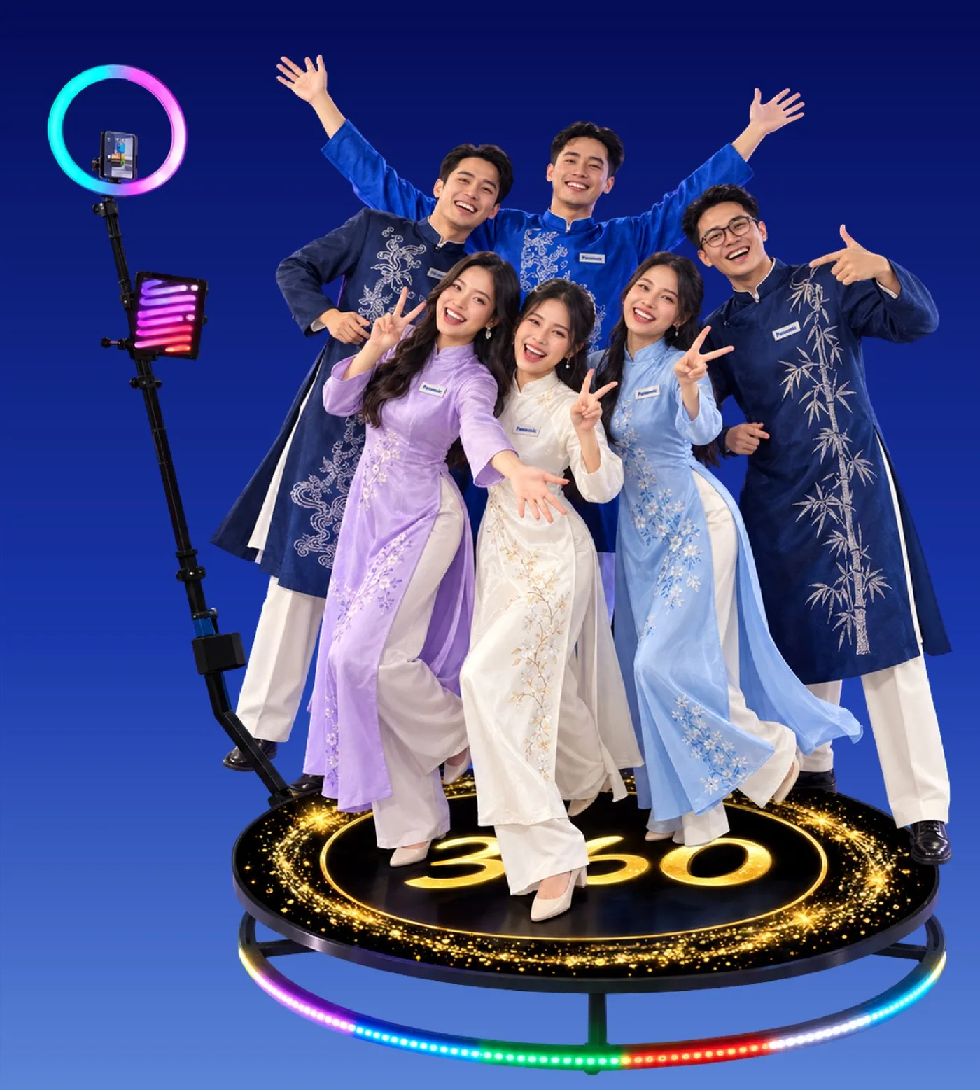 360 camera booth with employees in ao dai on an illuminated rotating platform