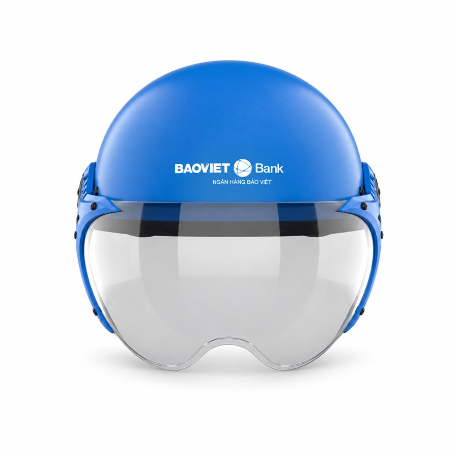 Mũ bảo hiểm có kính màu xanh in logo BAOVIET Bank