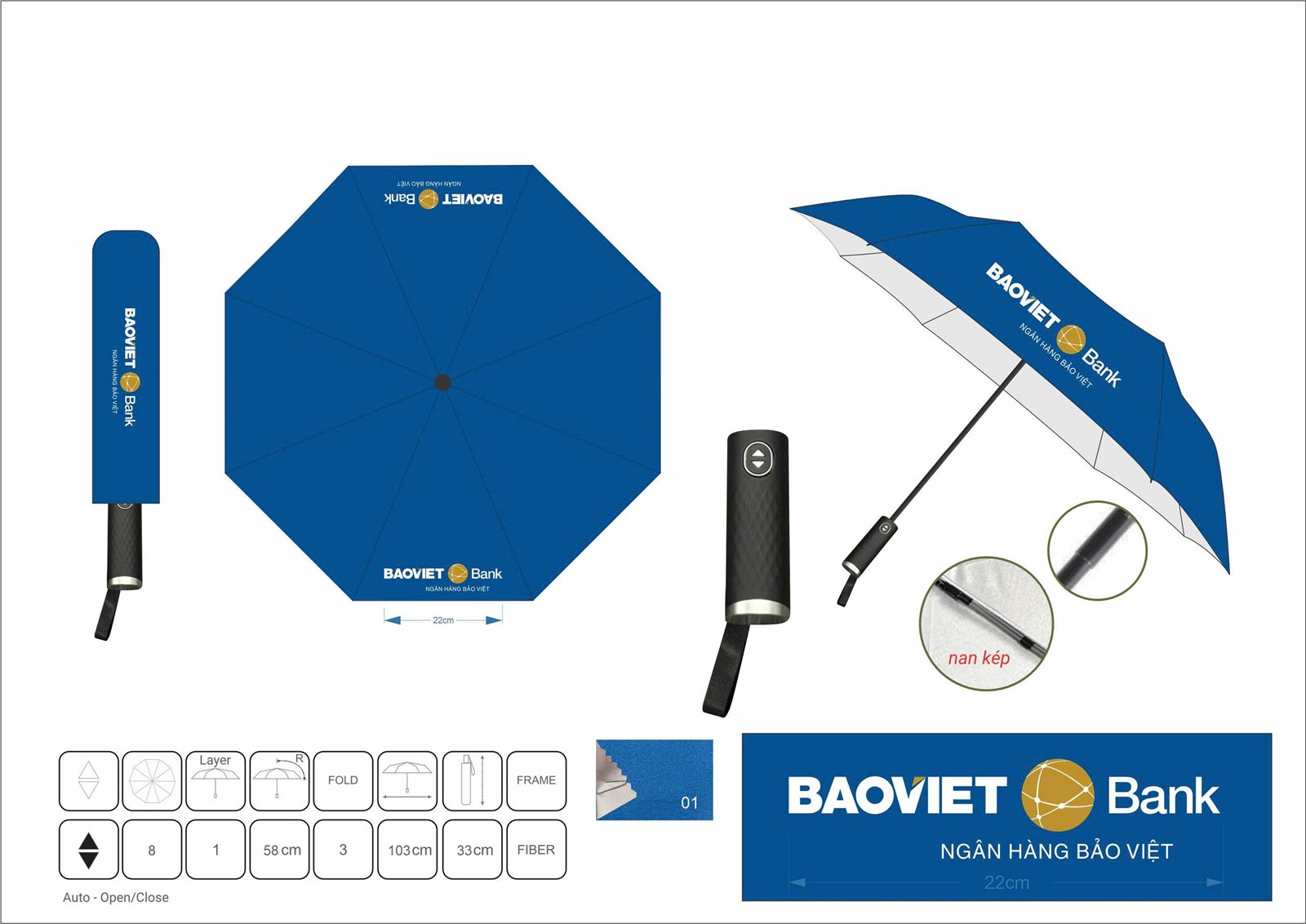Technical design of the BAOVIET Bank folding umbrella in several views with a specification sheet