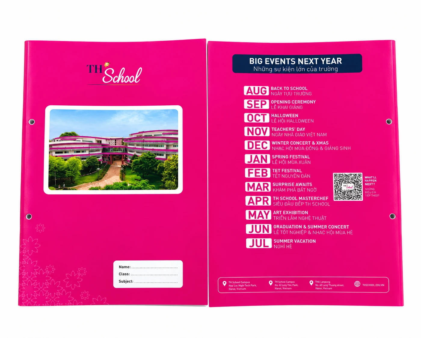 Vở bìa in logo TH School, mặt sau in lịch sự kiện năm học