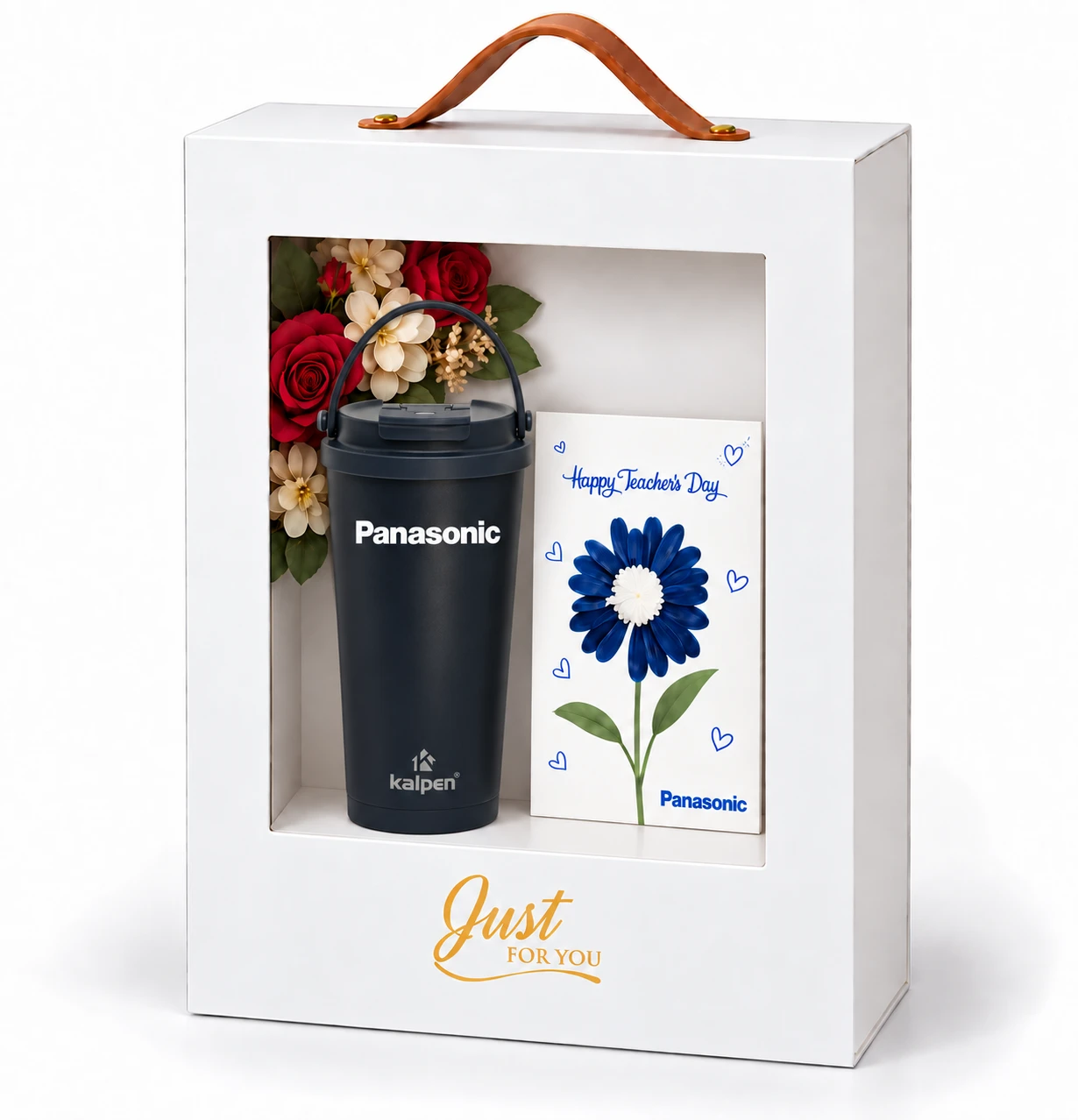 Hộp quà 20/11 có cửa sổ gồm bình giữ nhiệt in logo Panasonic, hoa và thiệp Happy Teacher's Day