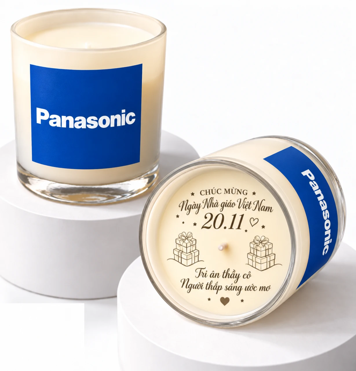 Nến thơm 20/11 in logo Panasonic với mặt nến in lời tri ân thầy cô