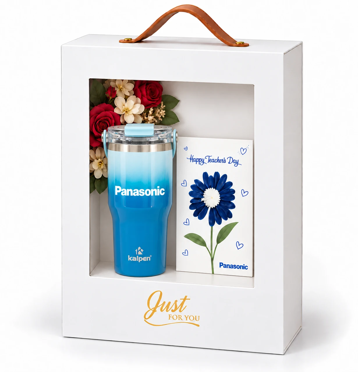Leather-handled windowed Teachers' Day gift box with a blue Panasonic tumbler, flowers and a Happy Teacher's Day card