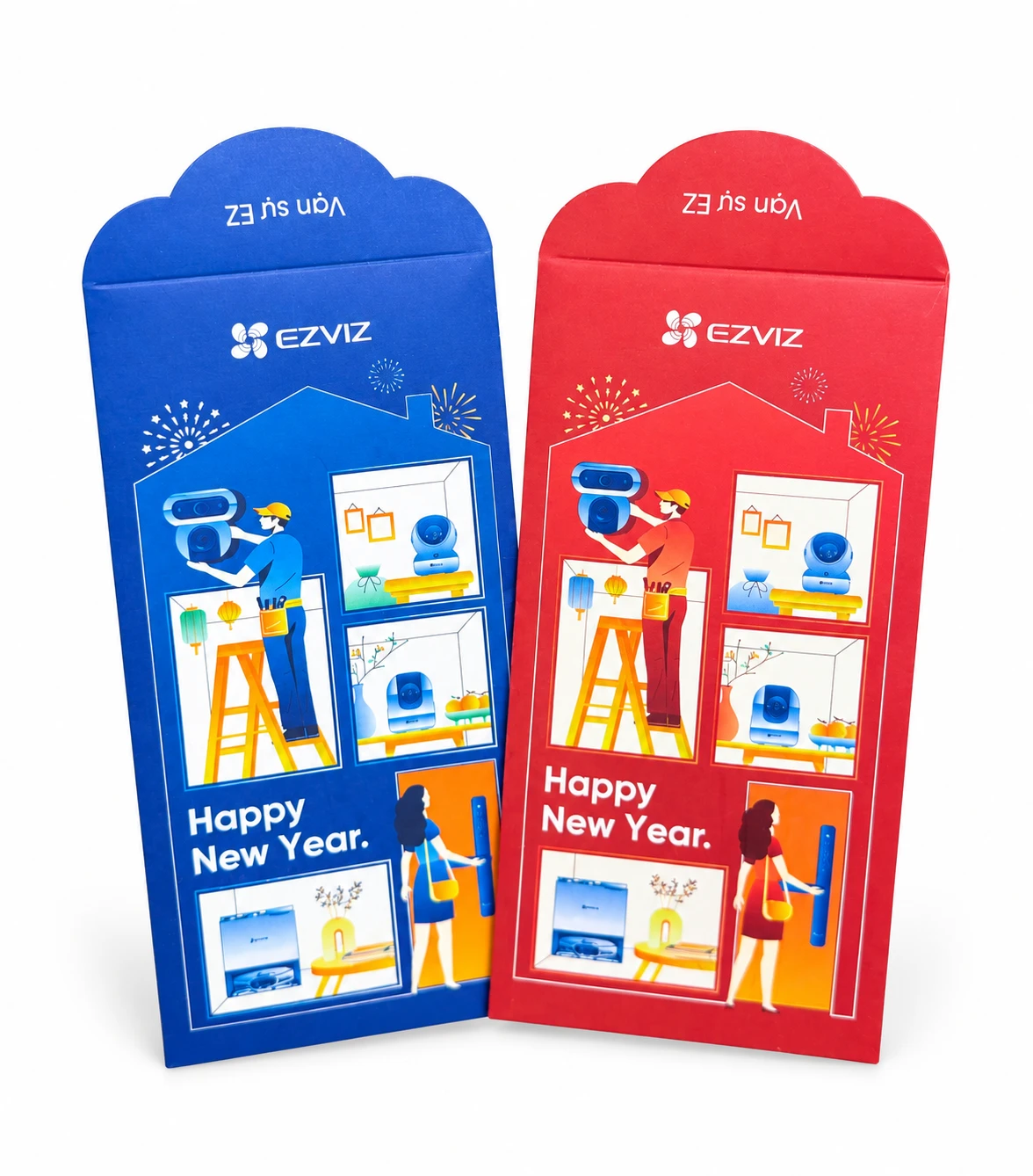 Two-color blue and red envelopes illustrating smart home products in a Tet home scene with a cloud-shaped flap (collected image)