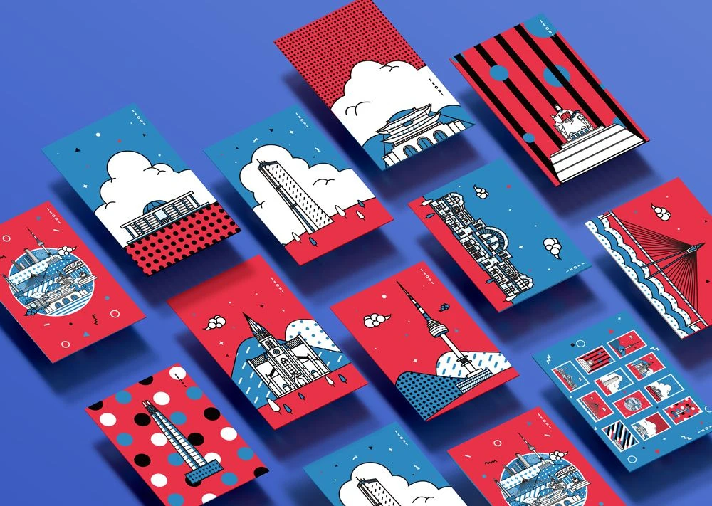 A collection of envelope designs illustrating landmarks in red and blue (collected image)
