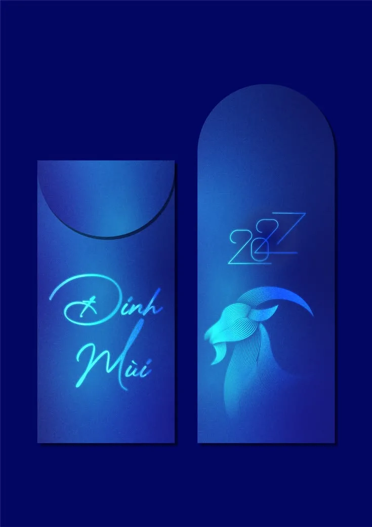 Year of the Goat 2027 envelope on blue with calligraphy and a glowing line-art goat head (collected image)