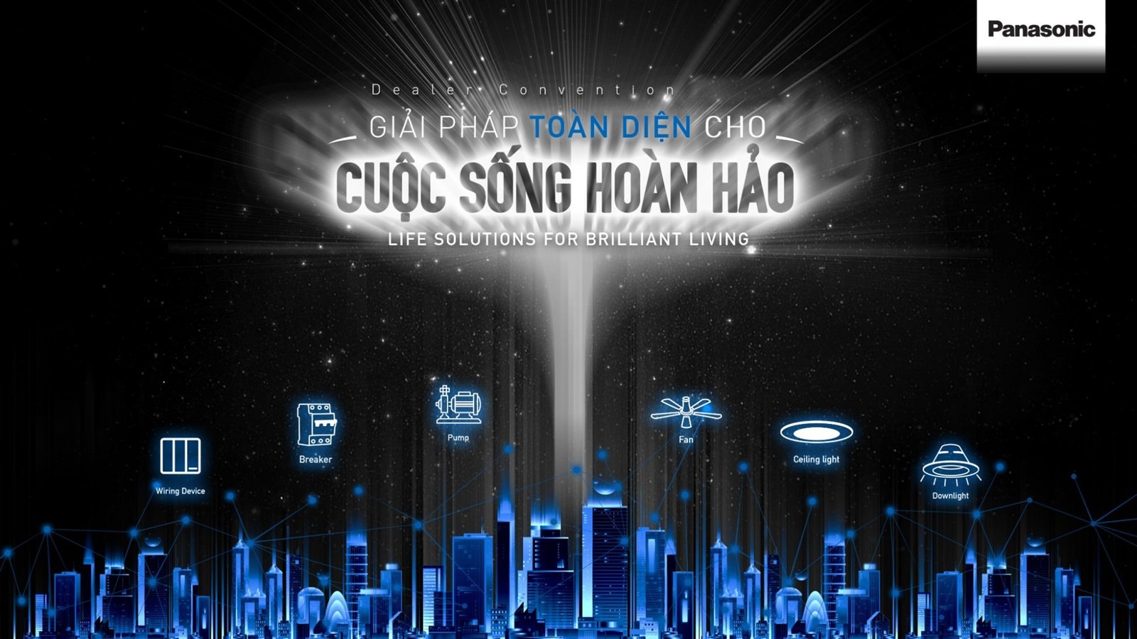 Key visual hội nghị đại lý Panasonic Giải pháp toàn diện cho cuộc sống hoàn hảo với các nhóm sản phẩm trên nền thành phố